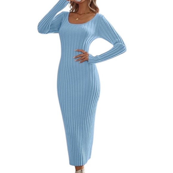 MEROKEETY Bodycon Long Sleeve Dress Light Blue M - Picture 6 of 7